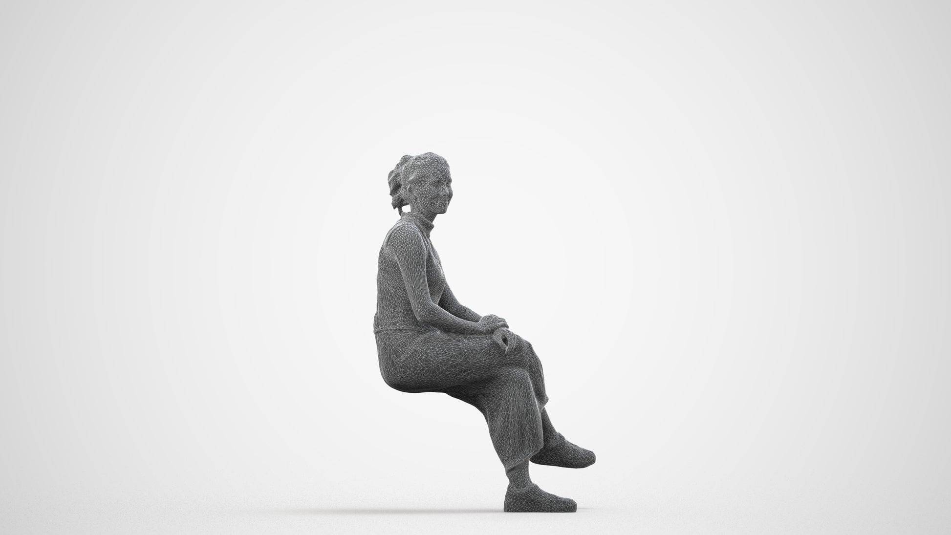 realistic 3D woman casual sitting, scanned archviz people for Blender and 3ds Max, wireframe side view