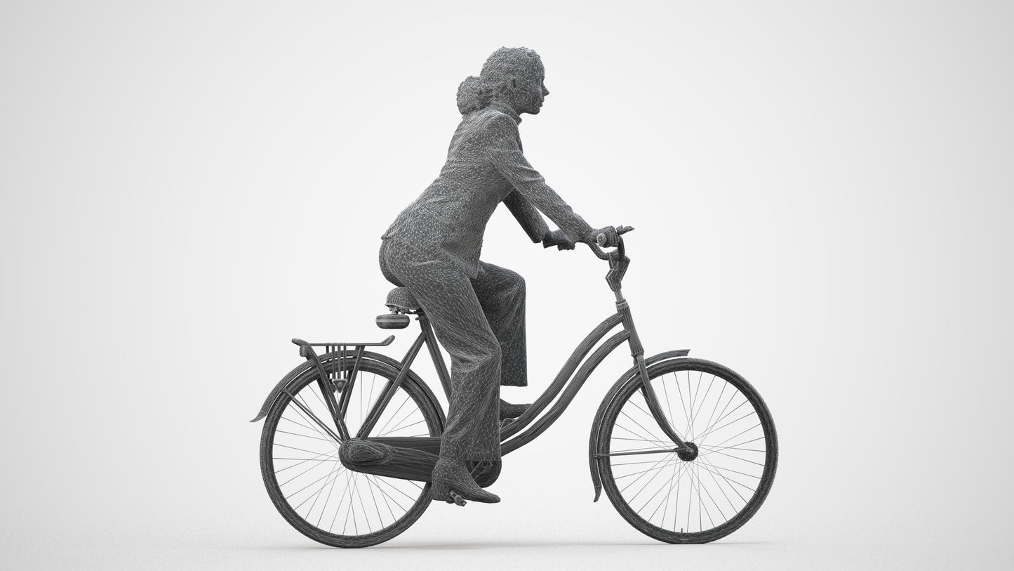 realistic 3D people woman business cycling, render-ready for V-Ray and Corona, FBX OBJ, wireframe side view
