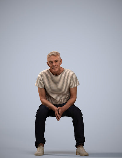 3D people model senior man casual sitting, scanned human for 3ds Max rendering