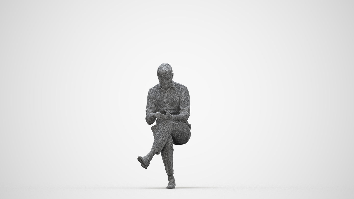 photogrammetry 3D man business sitting, realistic human model archviz FBX, wireframe back view