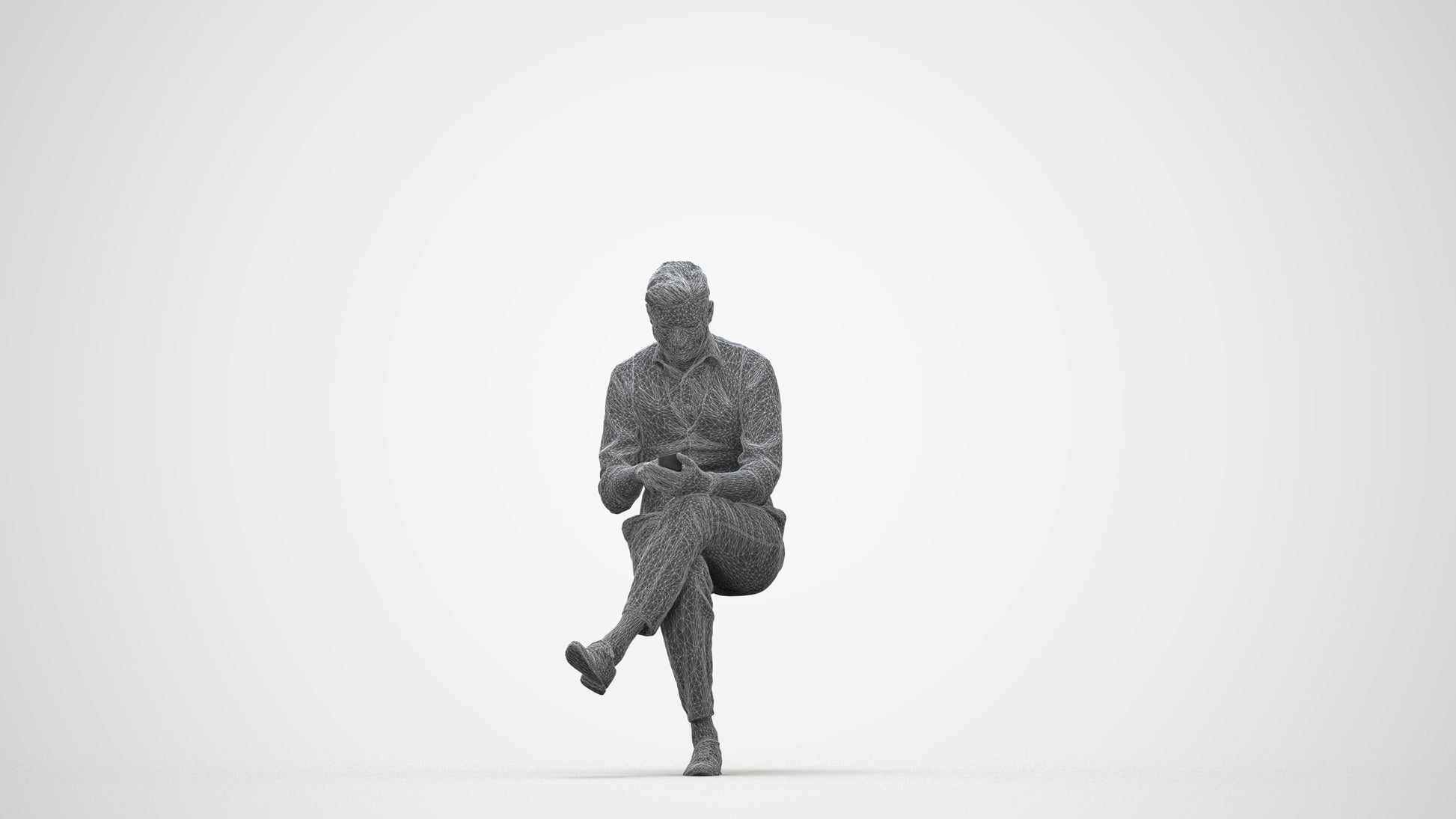 photogrammetry 3D man business sitting, realistic human model archviz FBX, wireframe back view