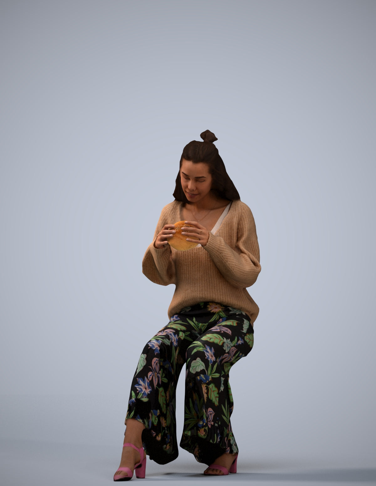 3D human model woman casual sitting, photogrammetry scanned person for archviz