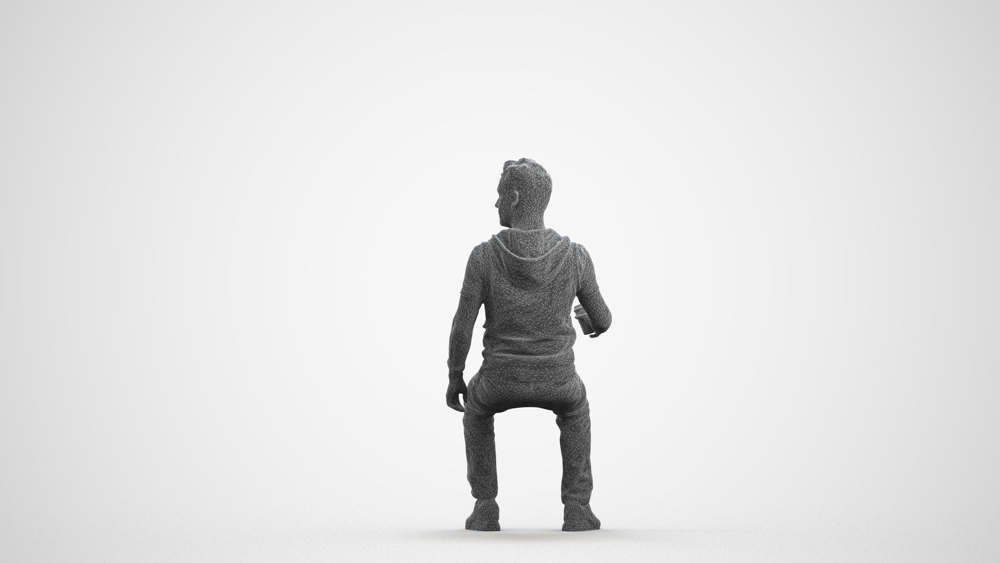 scanned 3D man casual sitting, photogrammetry people for Enscape and V-Ray, wireframe front view
