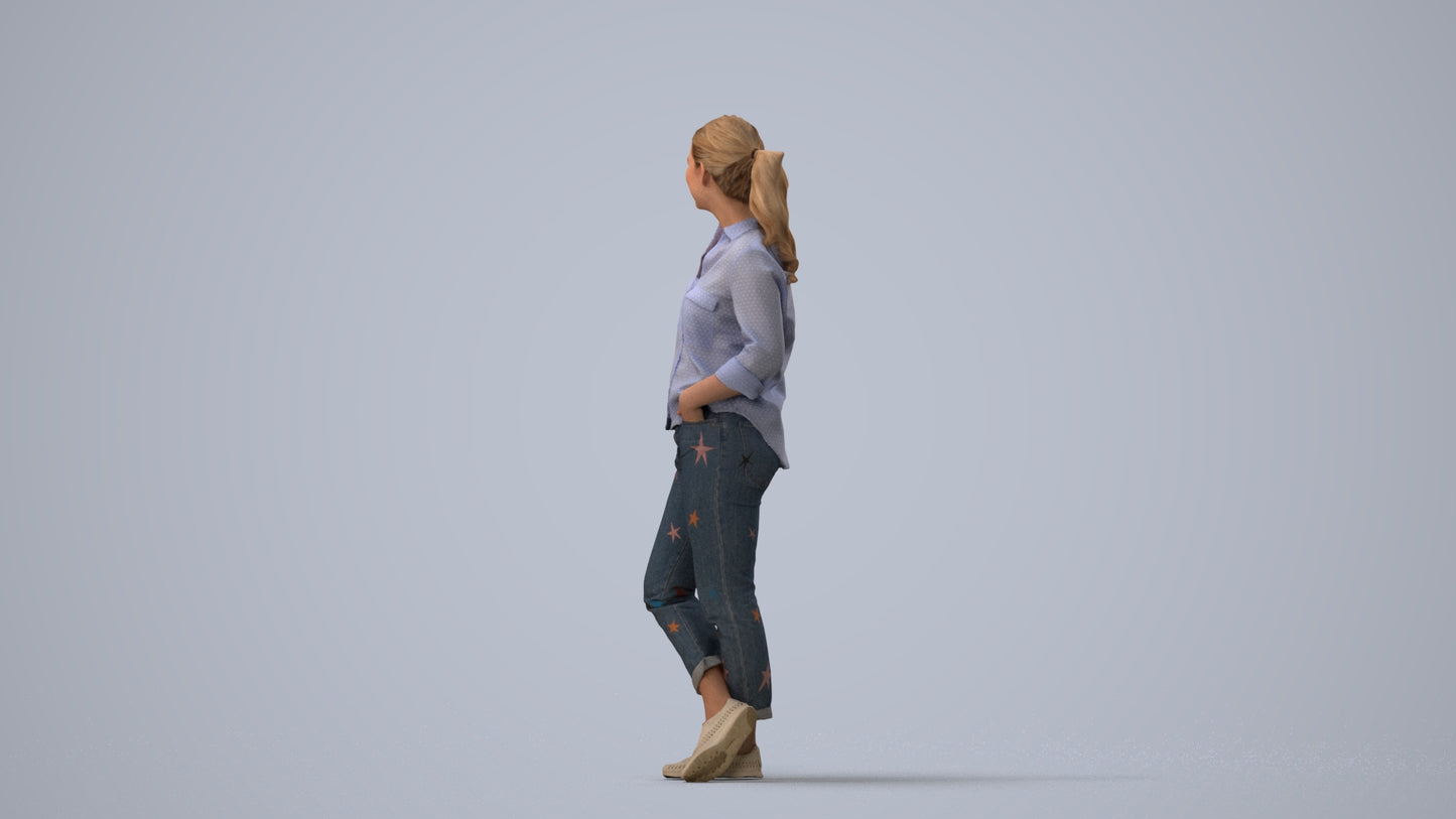 3D scanned woman standing casual, photorealistic archviz people for Enscape and SketchUp, three-quarter view render