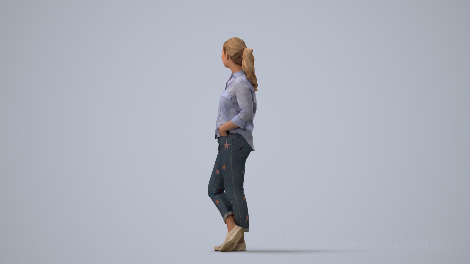 3D scanned woman standing casual, photorealistic archviz people for Enscape and SketchUp, three-quarter view render