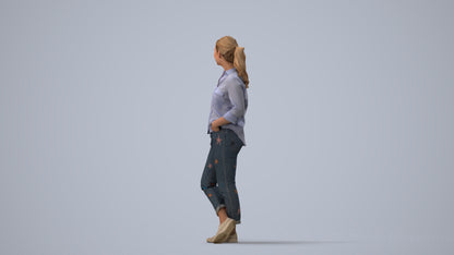 3D scanned woman standing casual, photorealistic archviz people for Enscape and SketchUp, three-quarter view render