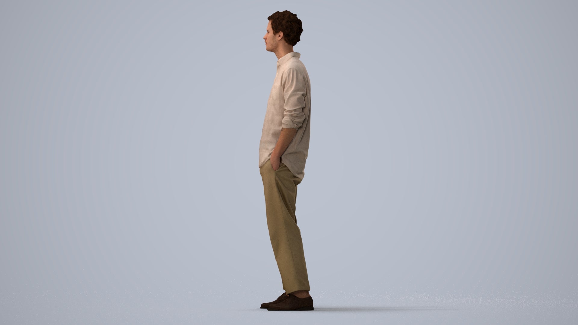 3D human model man casual standing, photogrammetry scanned person for archviz, three-quarter view render