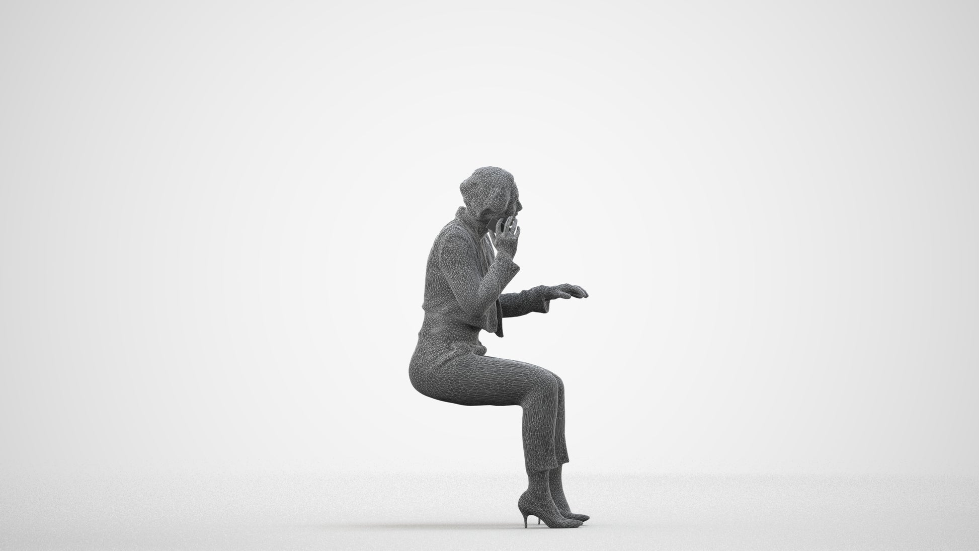 3D human model woman business, photogrammetry scanned person for archviz, wireframe side view