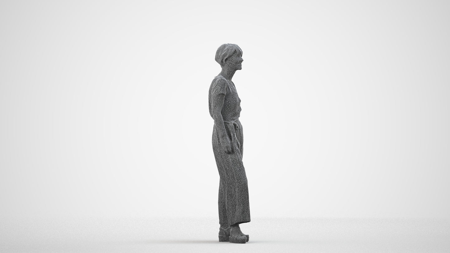 3D people model senior woman casual standing, scanned human for 3ds Max rendering, wireframe side view