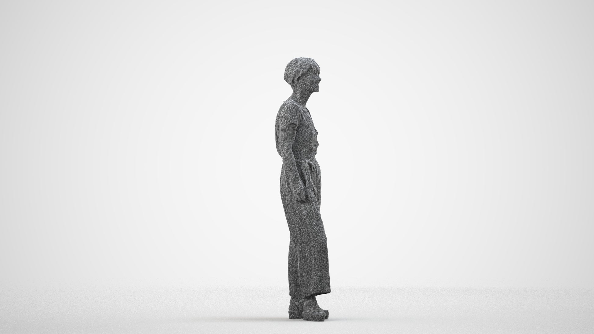 3D people model senior woman casual standing, scanned human for 3ds Max rendering, wireframe side view