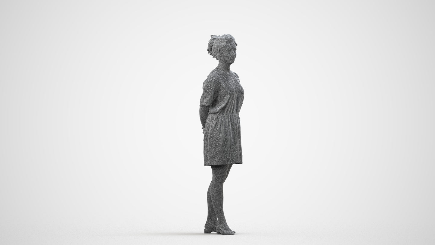 3D people model woman casual standing, scanned human for 3ds Max rendering, wireframe side view