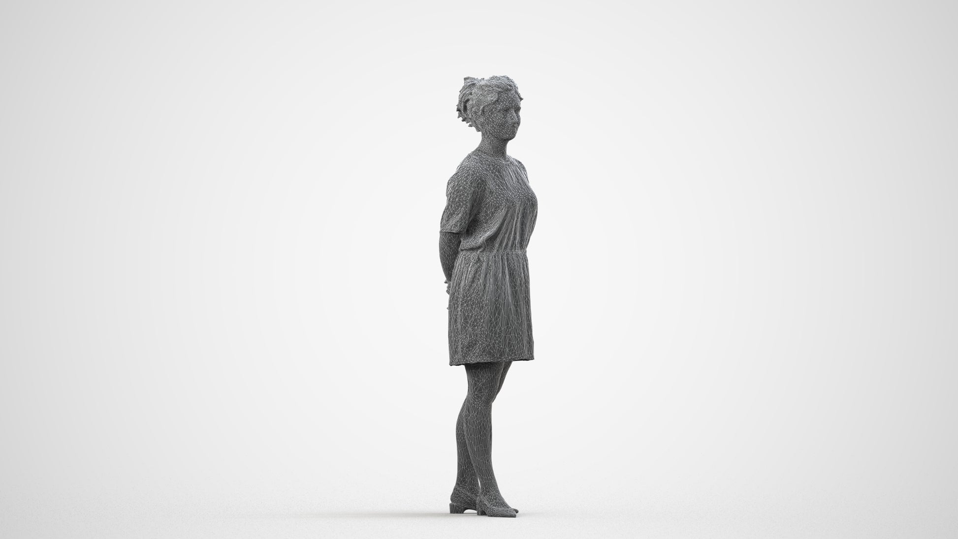3D people model woman casual standing, scanned human for 3ds Max rendering, wireframe side view