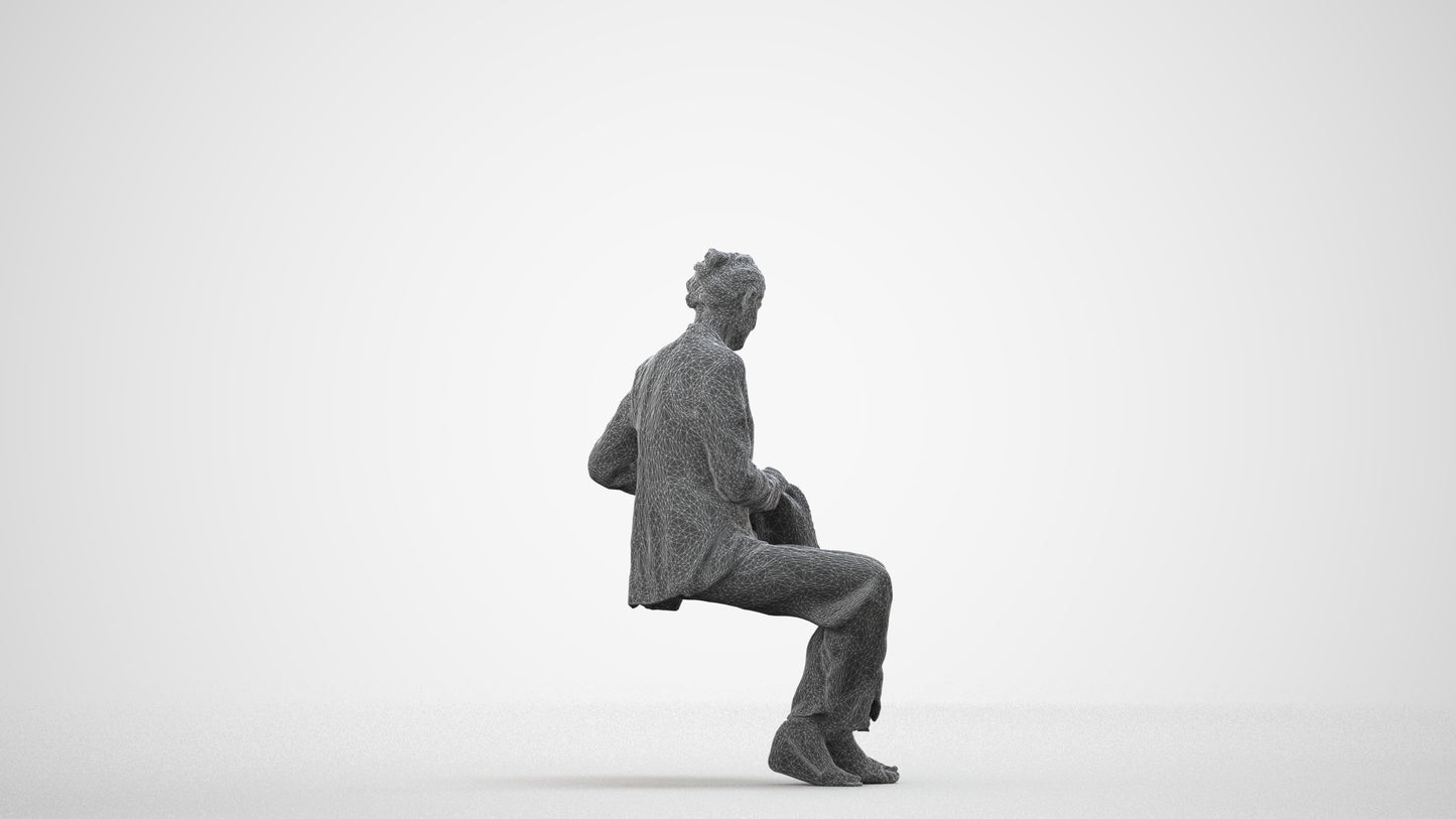 3D human model senior woman business sitting, photogrammetry scanned person for archviz, wireframe side view