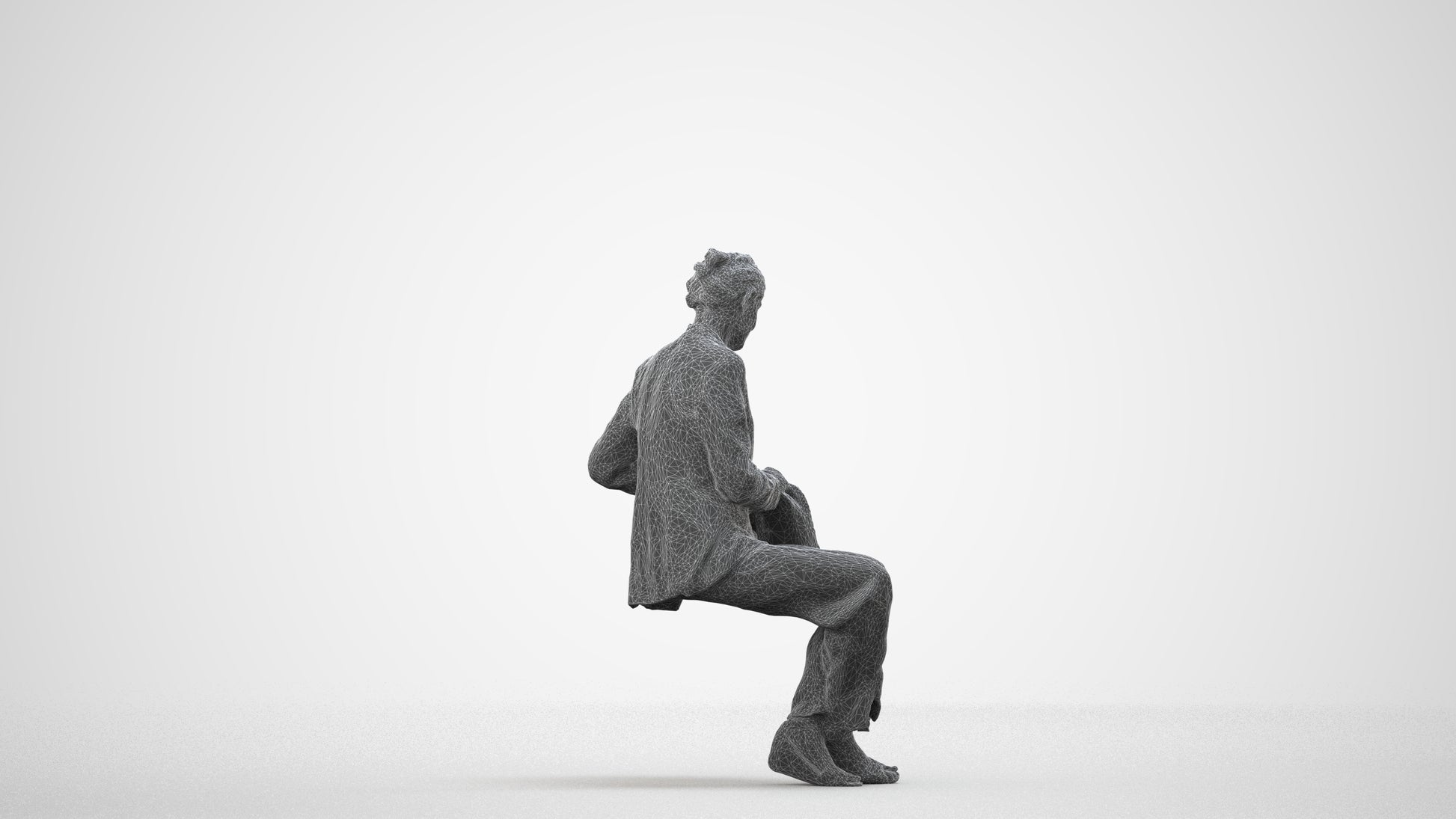 3D human model senior woman business sitting, photogrammetry scanned person for archviz, wireframe side view