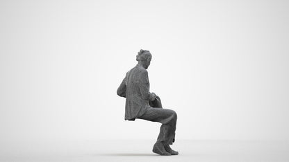 3D human model senior woman business sitting, photogrammetry scanned person for archviz, wireframe side view