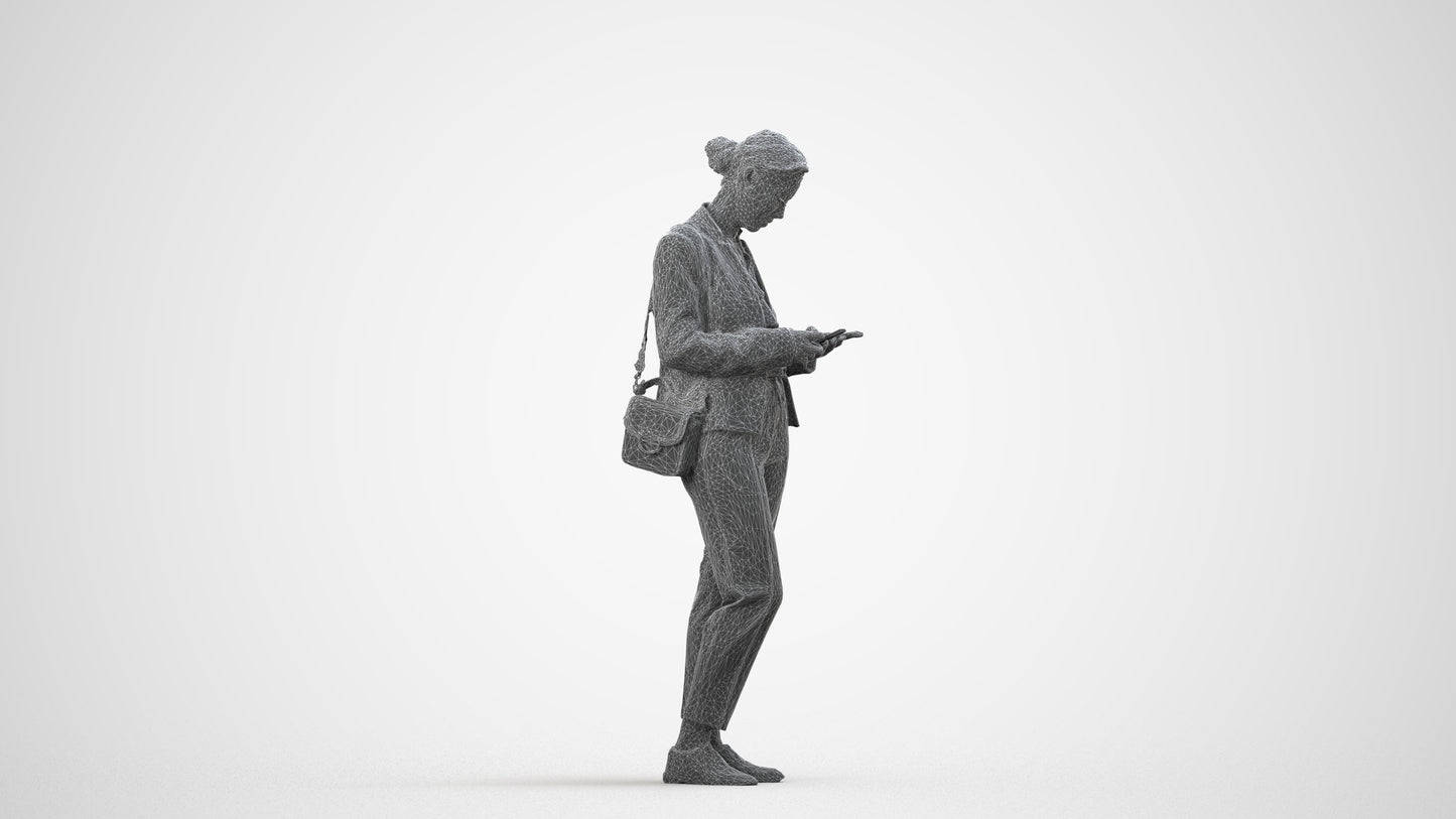 3D human model woman business standing, photogrammetry scanned person for archviz, wireframe side view