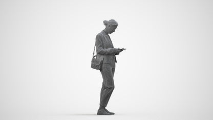 3D human model woman business standing, photogrammetry scanned person for archviz, wireframe side view