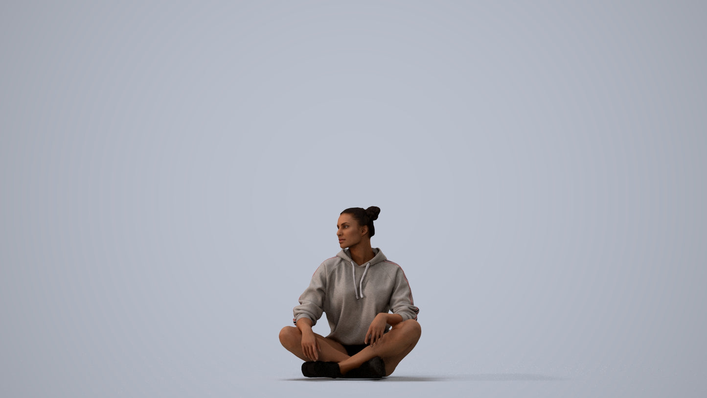 photogrammetry 3D woman casual sitting, realistic human model archviz FBX, three-quarter view render