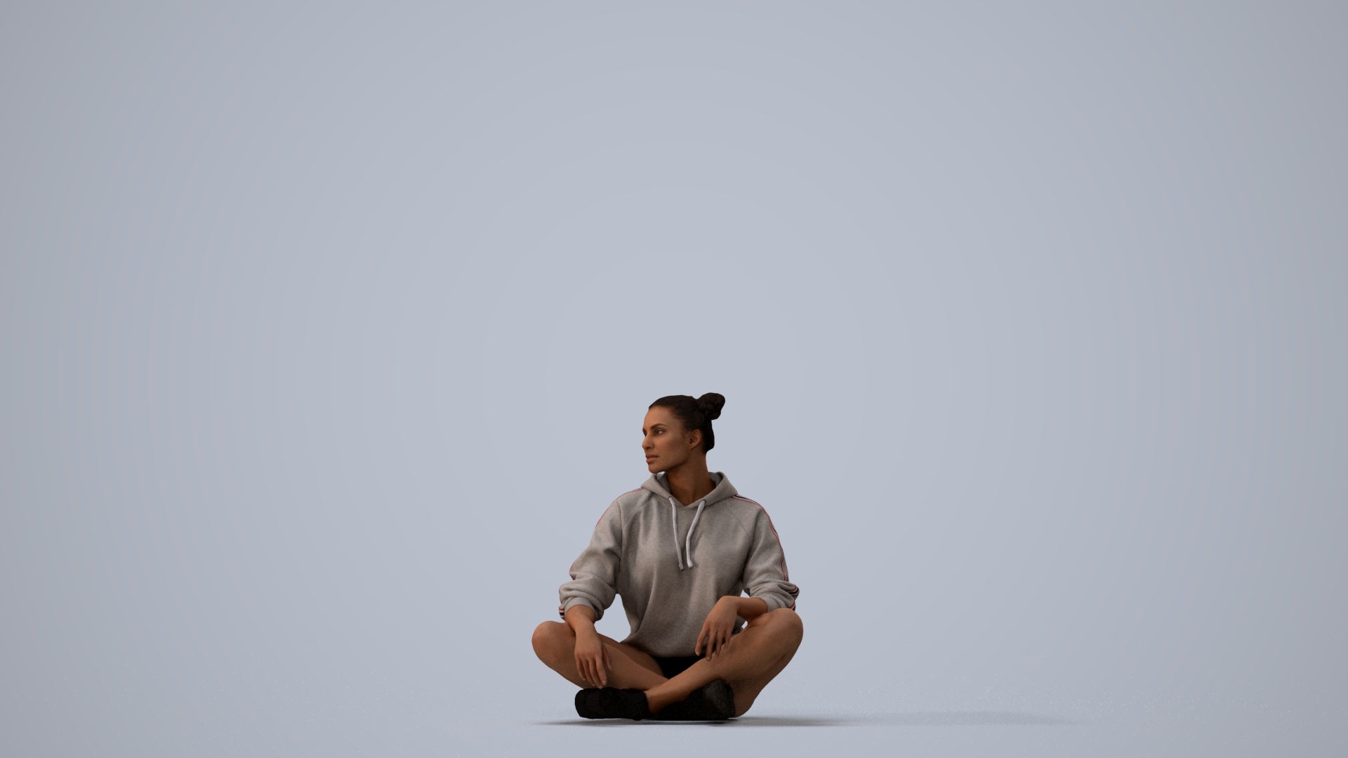 photogrammetry 3D woman casual sitting, realistic human model archviz FBX, three-quarter view render