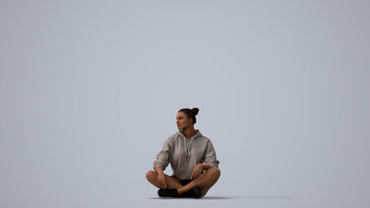 photogrammetry 3D woman casual sitting, realistic human model archviz FBX, three-quarter view render
