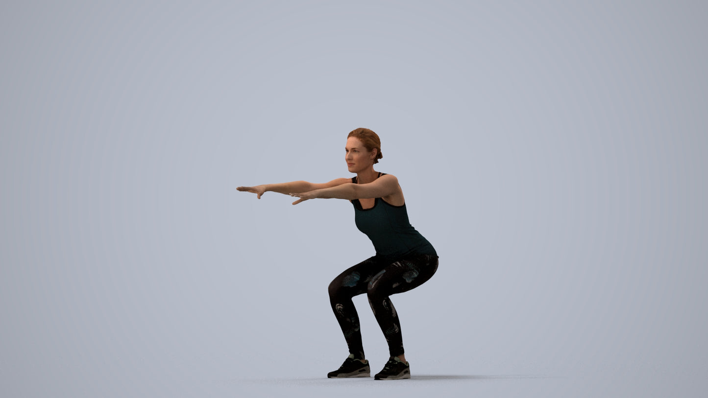 3D human model woman sport, photogrammetry scanned person for archviz, three-quarter view render