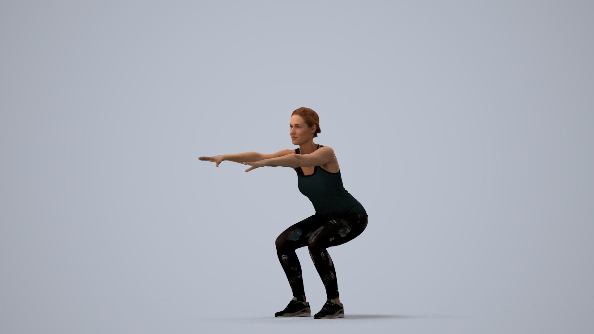 3D human model woman sport, photogrammetry scanned person for archviz, three-quarter view render