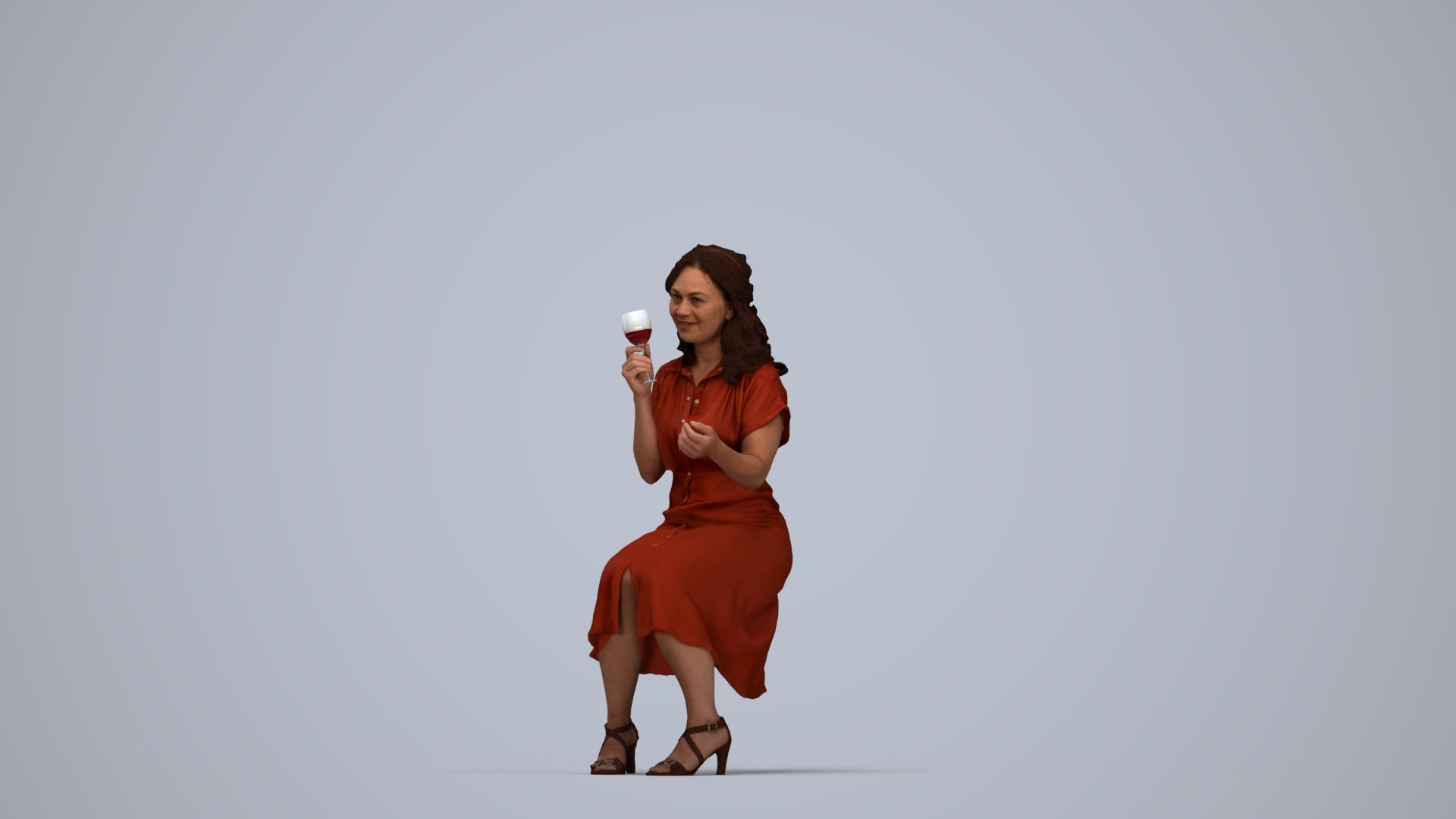 3D human model woman casual sitting, photogrammetry scanned person for archviz, top-down view render