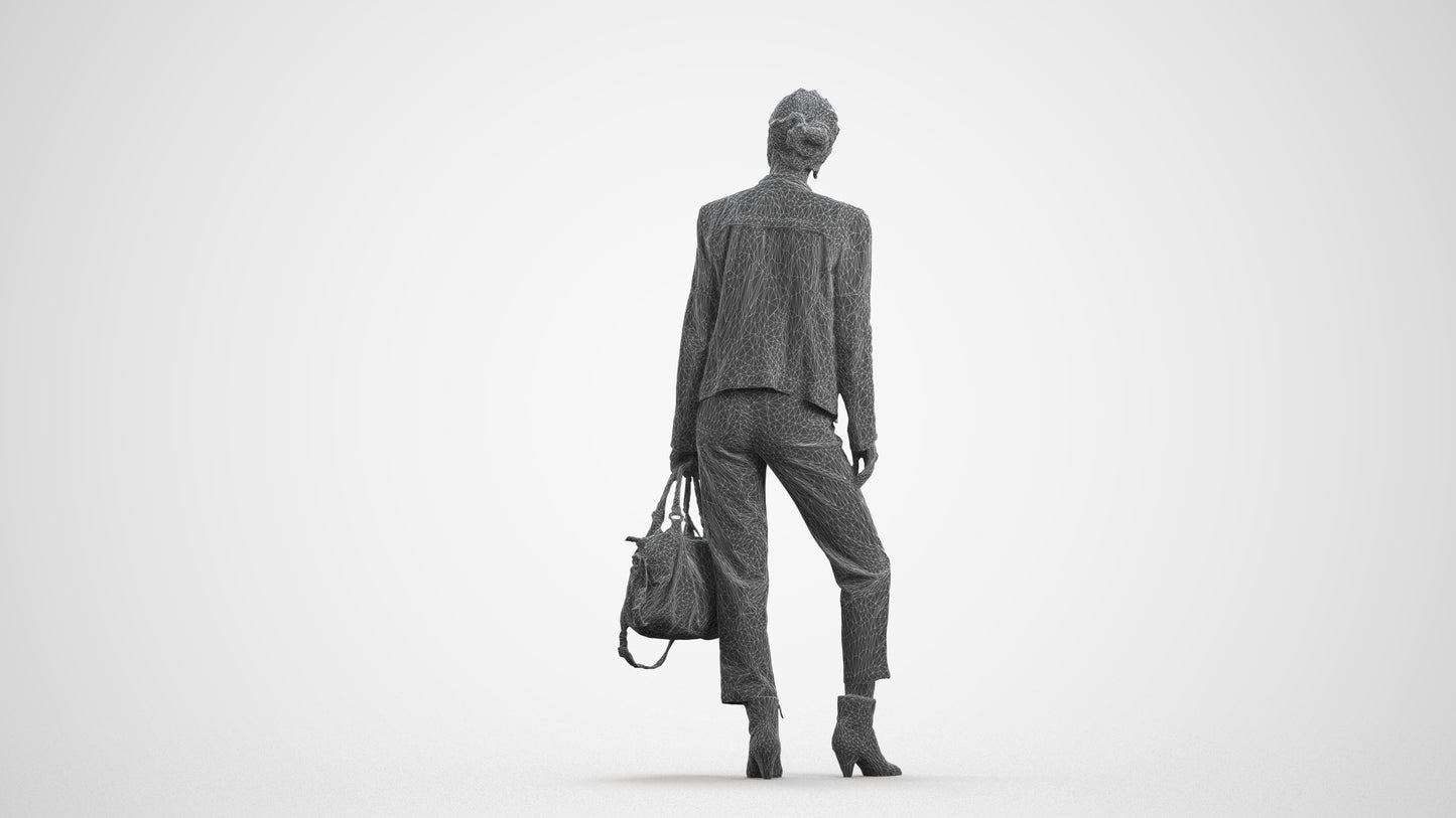 realistic 3D human woman business standing, archviz people FBX OBJ for Blender, wireframe front view