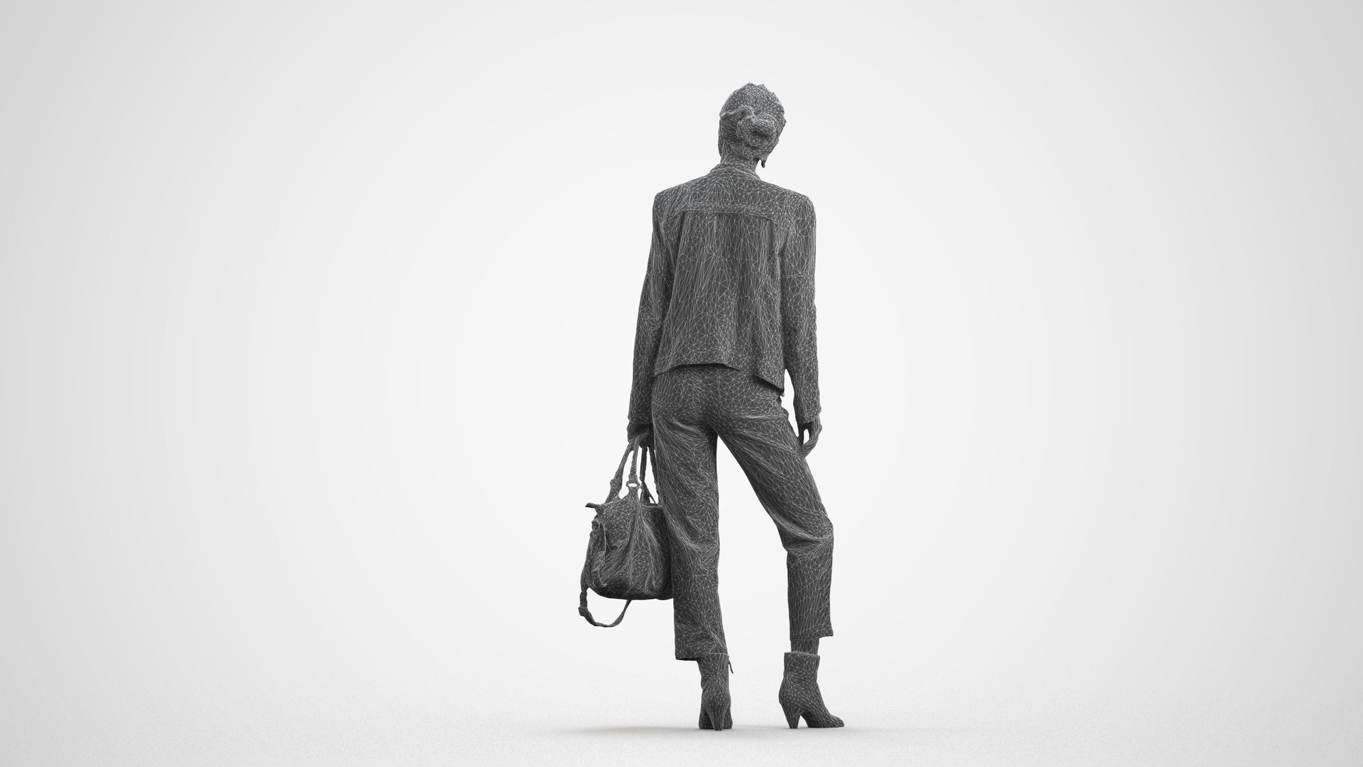 realistic 3D human woman business standing, archviz people FBX OBJ for Blender, wireframe front view