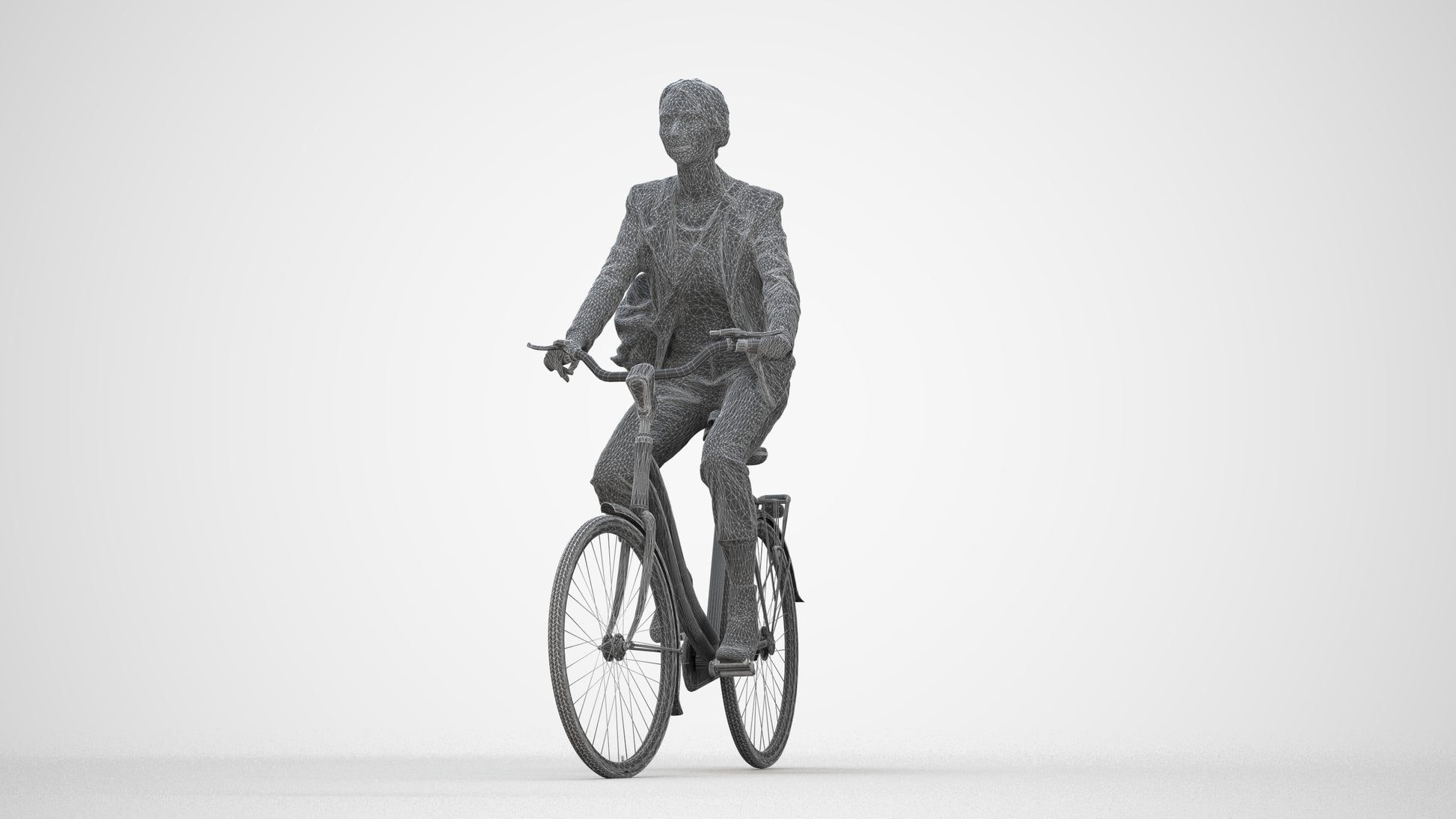 photogrammetry 3D woman business cycling, realistic human model archviz FBX, wireframe back view
