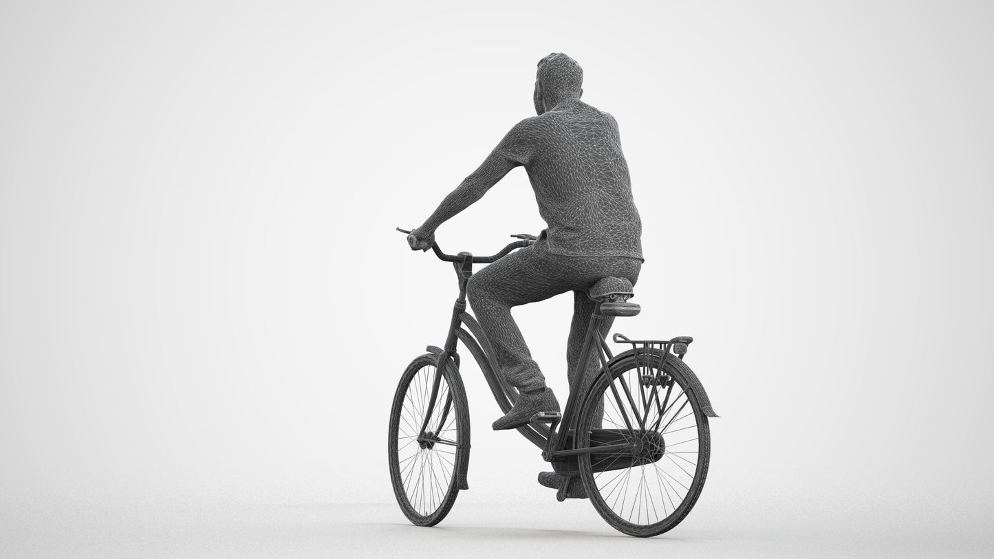 realistic 3D senior man casual cycling, scanned archviz people for Blender and 3ds Max, wireframe front view