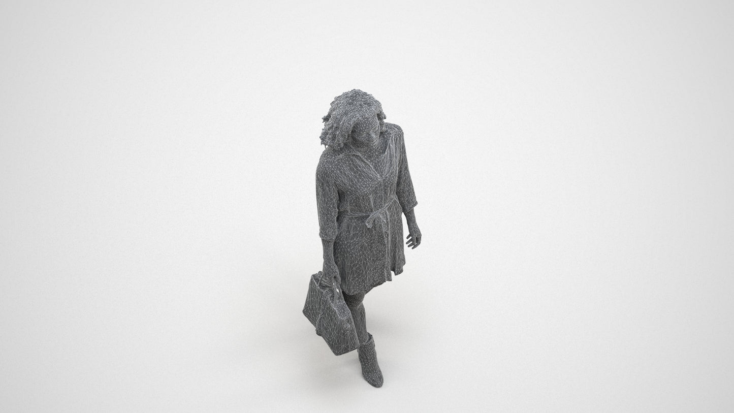 3D scanned woman walking casual, photorealistic archviz people for Enscape and SketchUp, wireframe three-quarter view