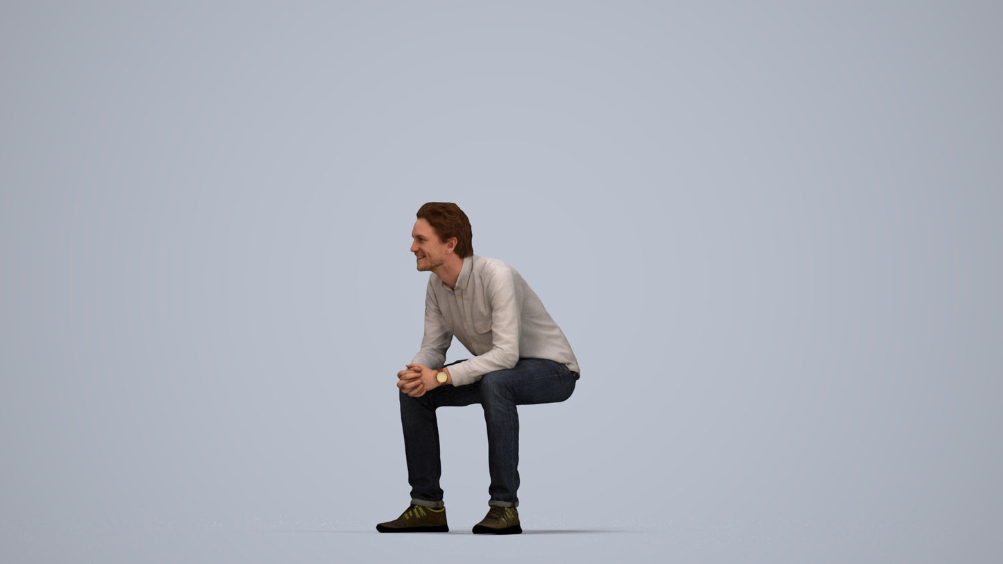 photogrammetry 3D man casual sitting, realistic human model archviz FBX, top-down view render
