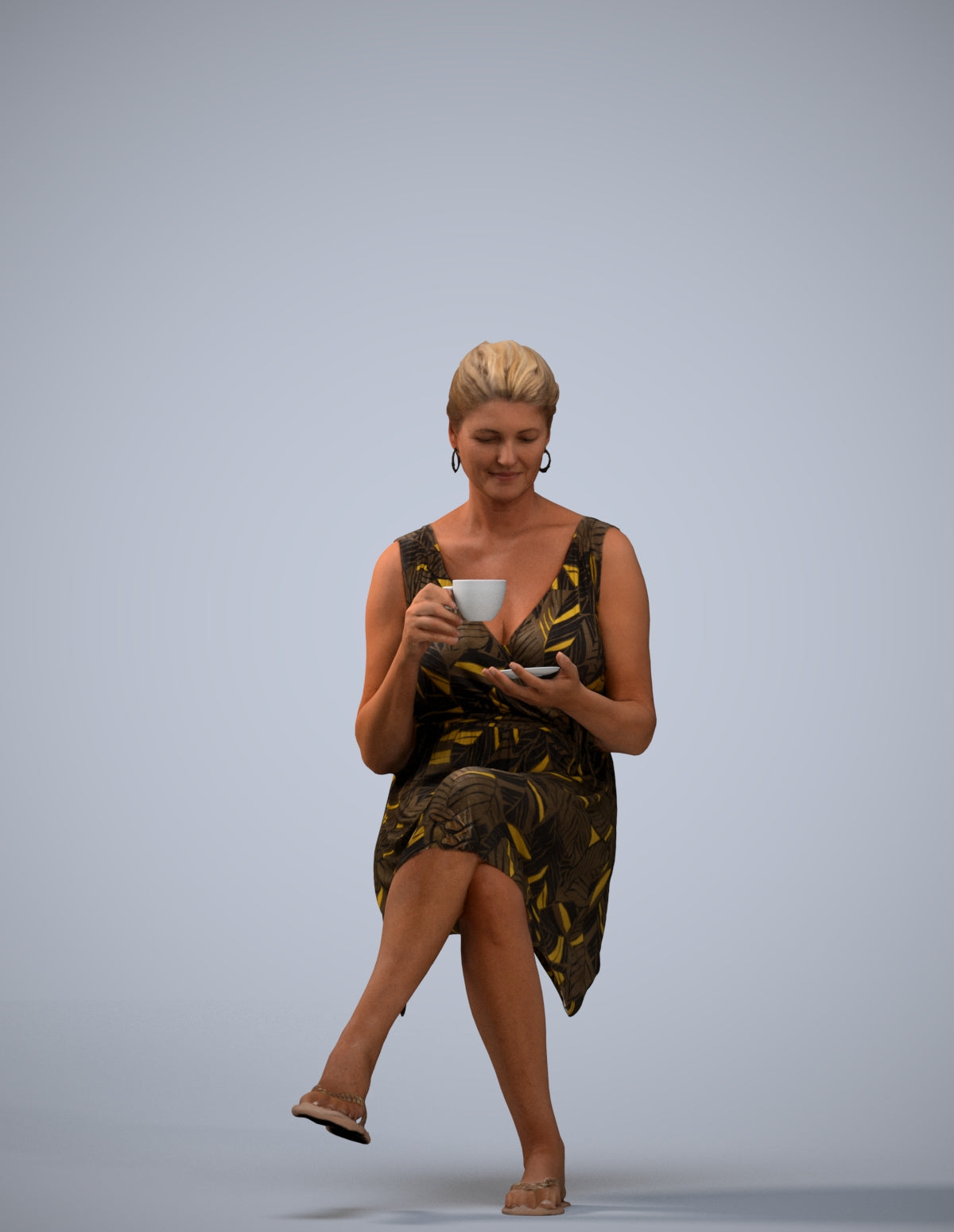 3D scanned woman sitting casual, photorealistic archviz people for Enscape and SketchUp