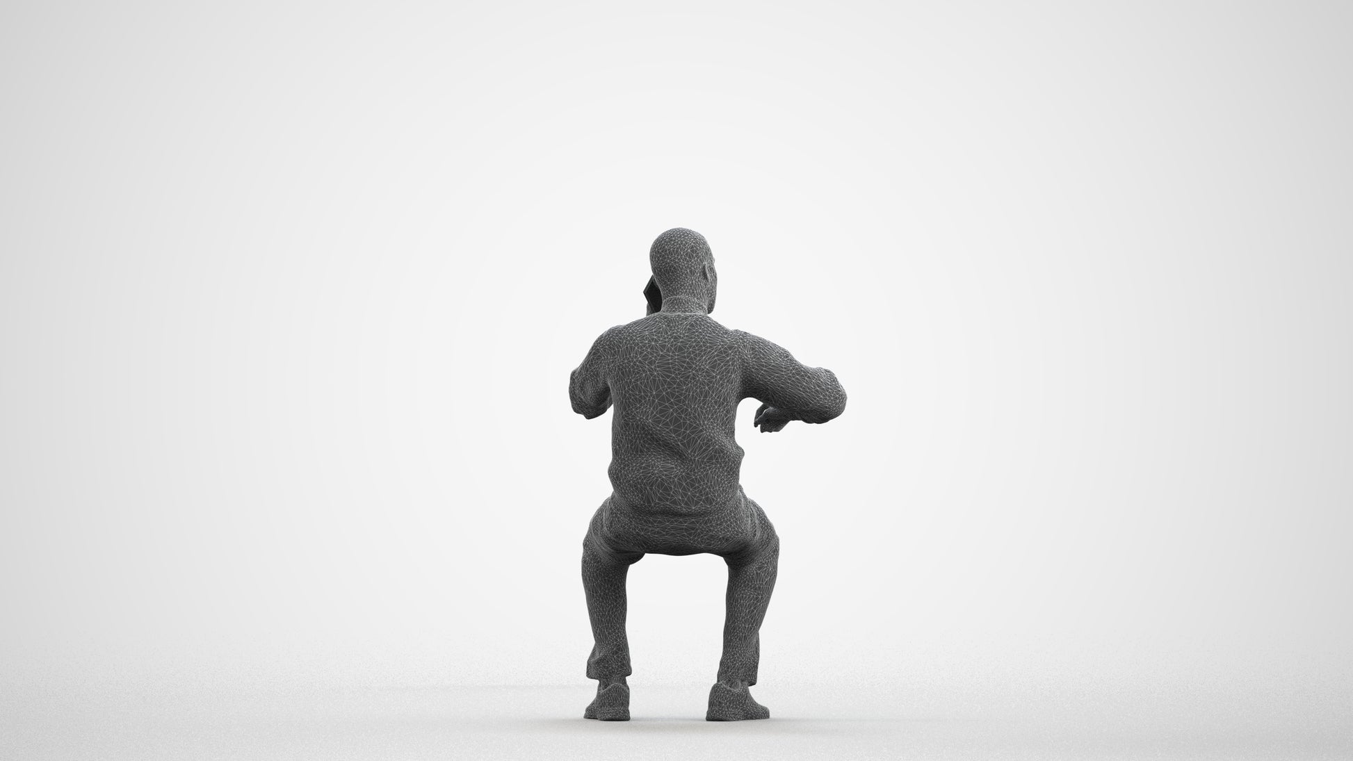 3D human model man sitting, photogrammetry scanned person for archviz, wireframe front view