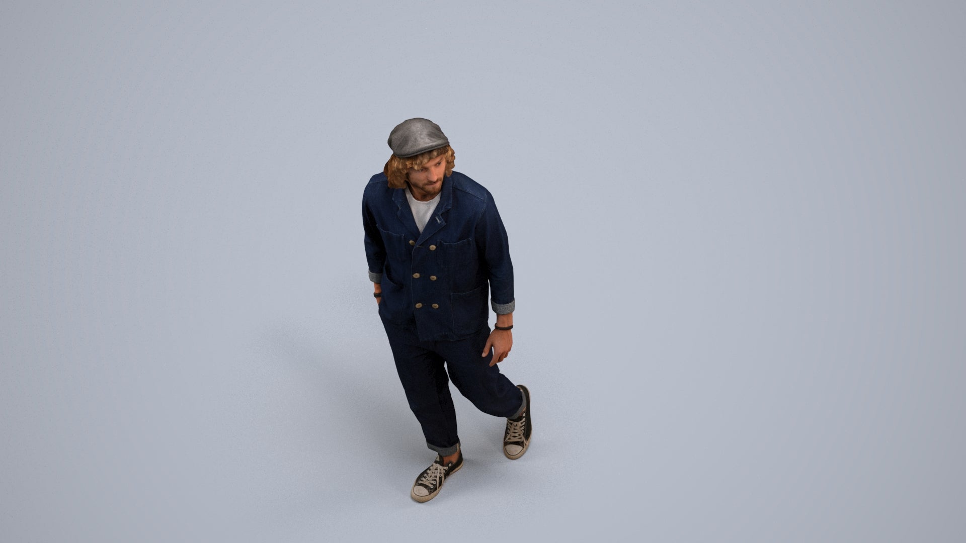 3D human model man casual walking, photogrammetry scanned person for archviz, back view render
