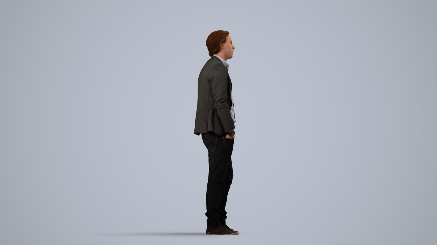 3D human model man business standing, photogrammetry scanned person for archviz, side view render