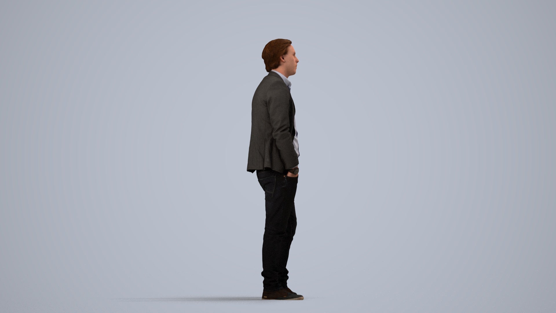 3D human model man business standing, photogrammetry scanned person for archviz, side view render