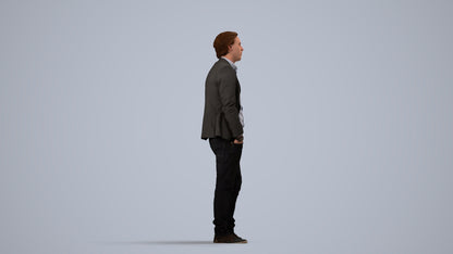 3D human model man business standing, photogrammetry scanned person for archviz, side view render