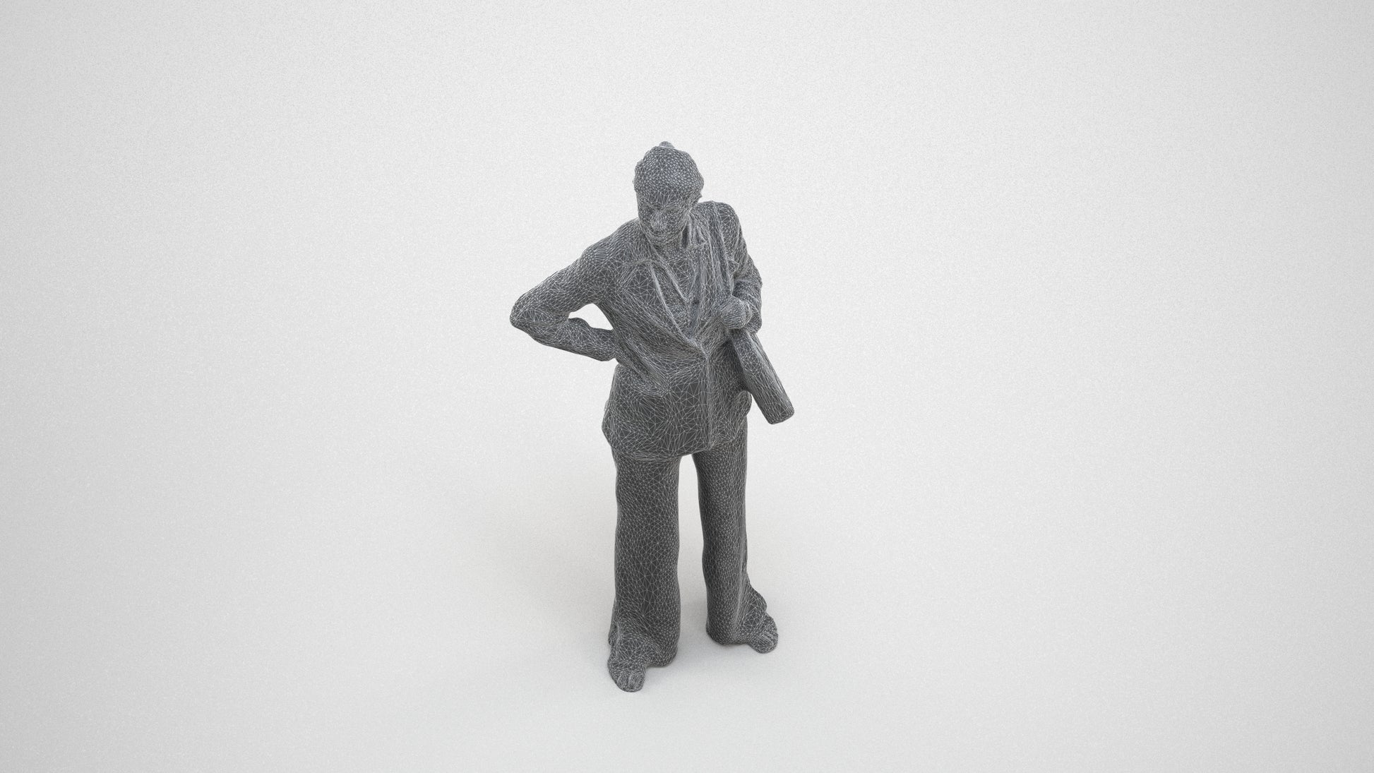 3D human model senior woman business, photogrammetry scanned person for archviz, wireframe three-quarter view