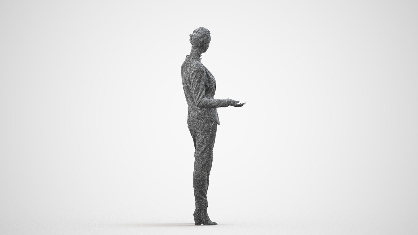 3D scanned woman business, photorealistic archviz people for Enscape and SketchUp, wireframe side view