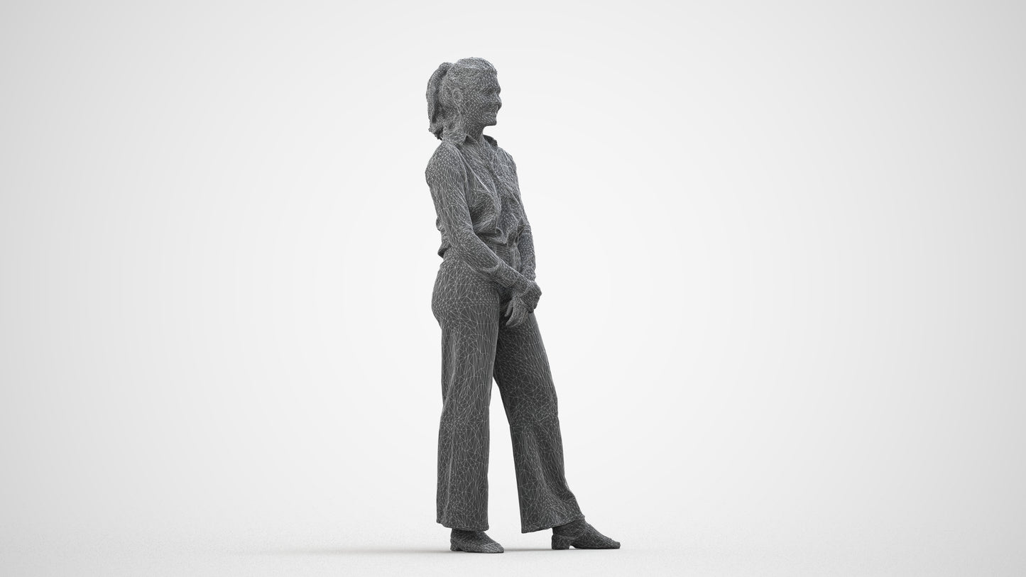 3D people model woman casual standing, scanned human for 3ds Max rendering, wireframe side view