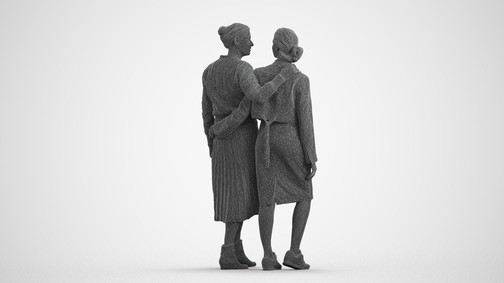 3D human model senior woman casual kids, photogrammetry scanned person for archviz, wireframe front view