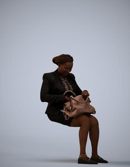 3D human model woman business sitting, photogrammetry scanned person for archviz
