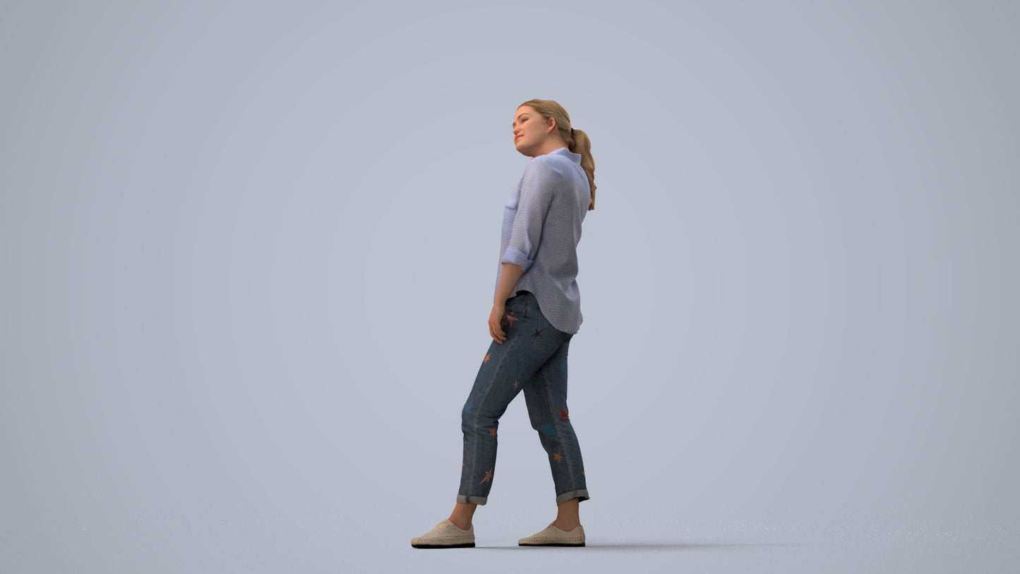 realistic 3D people woman casual standing, render-ready for V-Ray and Corona, FBX OBJ, three-quarter view render