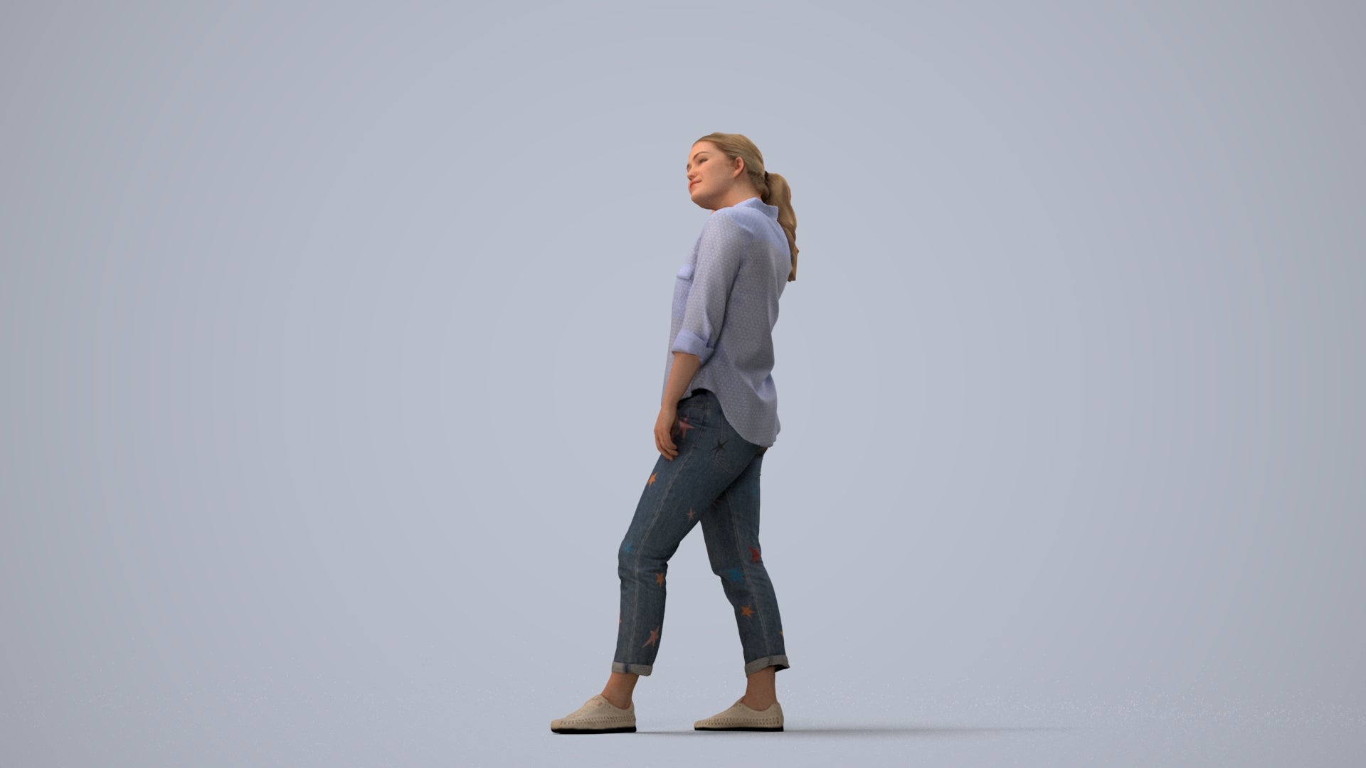 realistic 3D people woman casual standing, render-ready for V-Ray and Corona, FBX OBJ, three-quarter view render