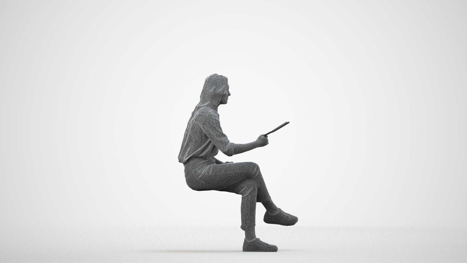 photogrammetry 3D woman casual sitting, realistic human model archviz FBX, wireframe side view