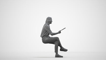 photogrammetry 3D woman casual sitting, realistic human model archviz FBX, wireframe side view