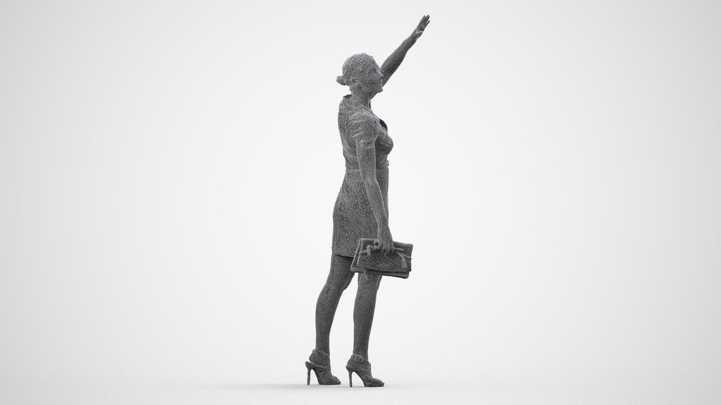 3D scanned woman standing business, photorealistic archviz people for Enscape and SketchUp, wireframe side view