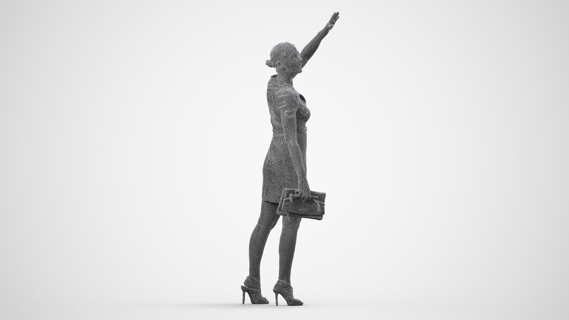 3D scanned woman standing business, photorealistic archviz people for Enscape and SketchUp, wireframe side view